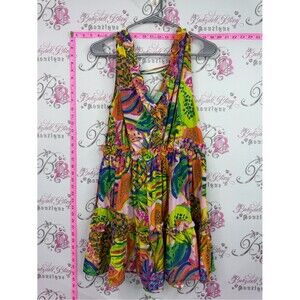 Free destinations dress Vibrant Tropical Print Ruffle Midi Dress - Pink & Green
